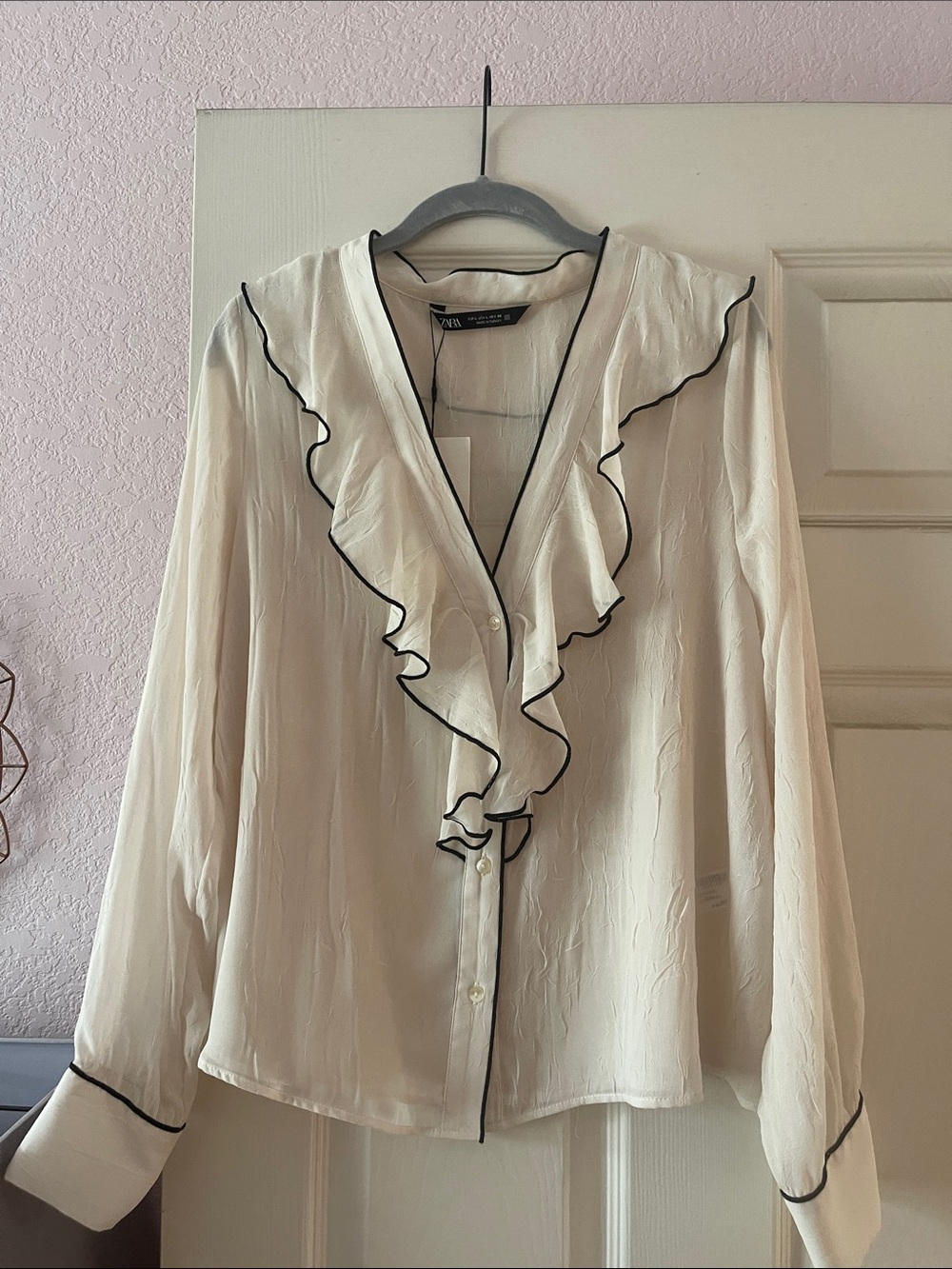 Zara Cream Ruffle Blouse with Black Trim